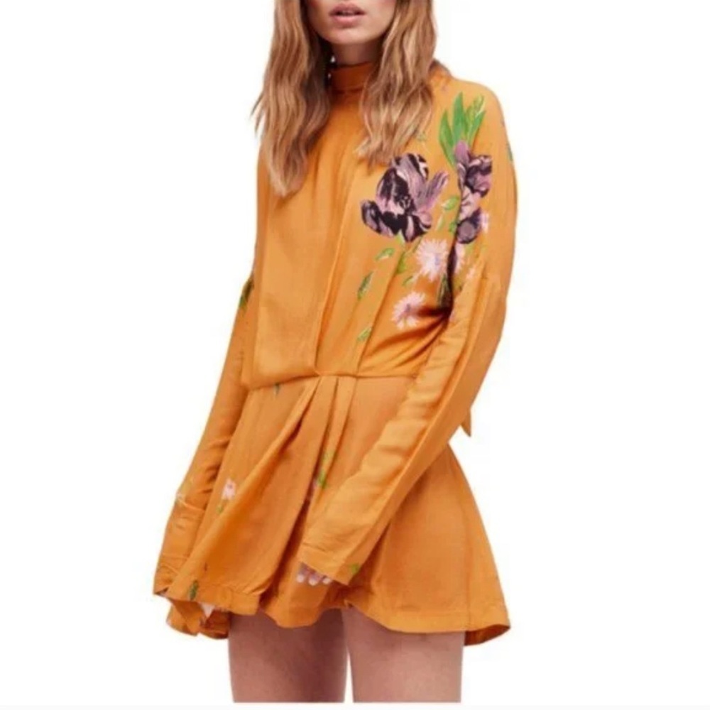 Free People Gemma Yellow Floral Tunic Mini Dress SZ XS